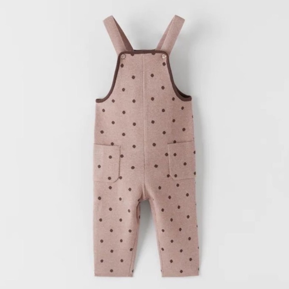 Zara Girl's Pink Polka Dot Knit Jumpsuit 12/18m Dusty Rose And Brown